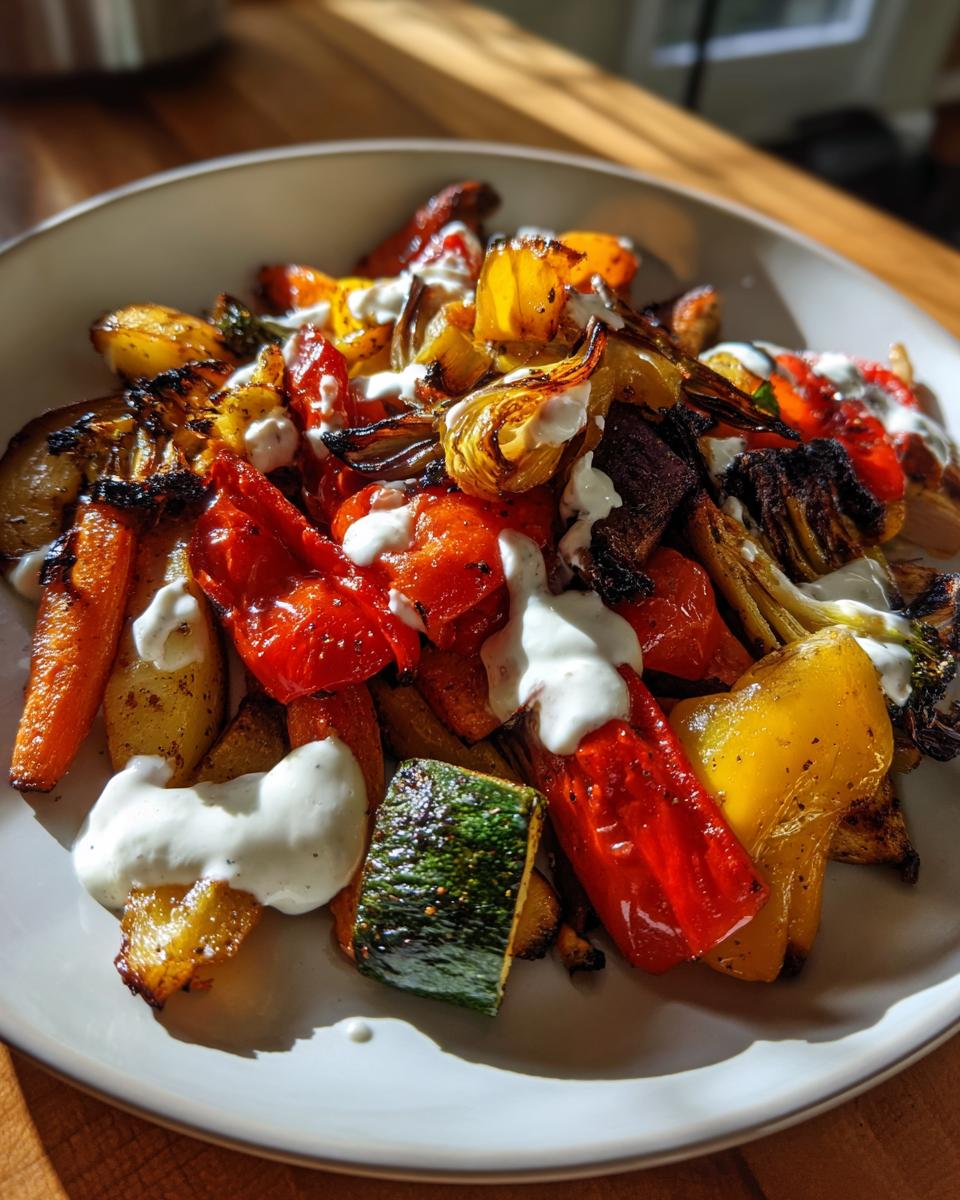 A plate of colorful roasted veggie, including peppers, zucchini, and carrots, drizzled with creamy tahini yogurt.