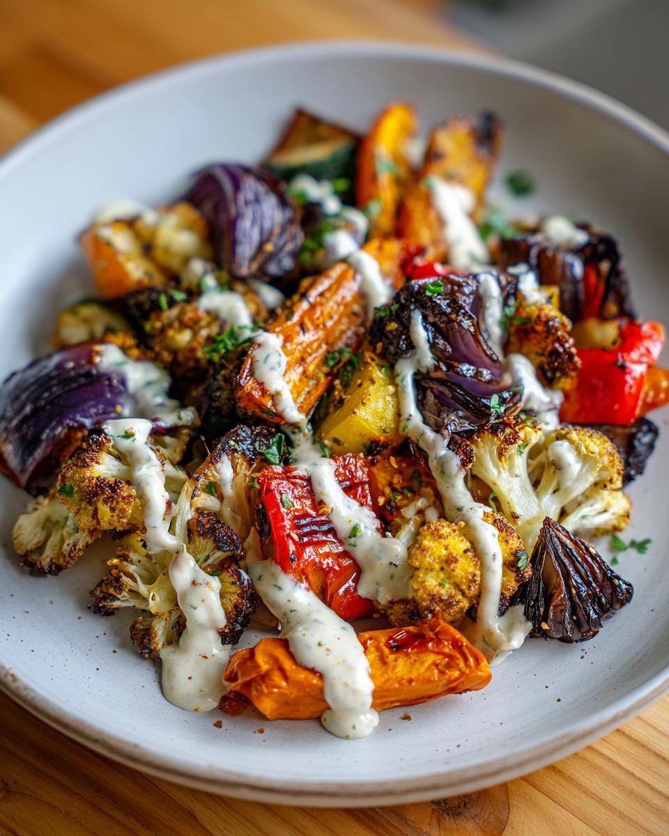 Close-up of Roasted Veggie, Tahini Yogurt dish featuring colorful roasted vegetables drizzled with tahini yogurt sauce.
