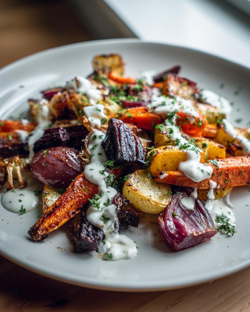 A plate of colorful Roasted Veggie, Tahini Yogurt, including carrots, beets, and onions, drizzled with tahini yogurt sauce.