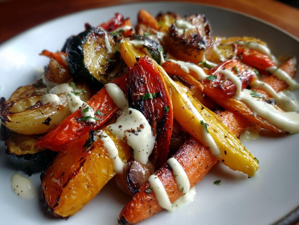 A vibrant plate of Roasted Veggie, Tahini Yogurt featuring carrots, zucchini, and peppers drizzled with tahini yogurt sauce.