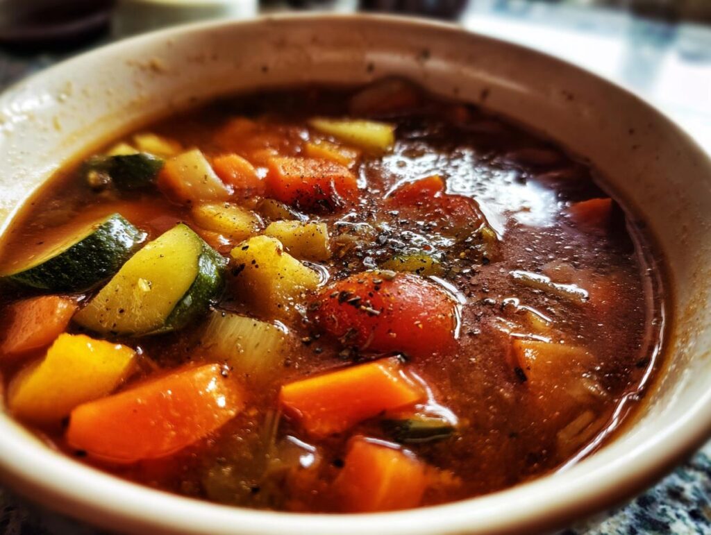 Close-up of a bowl of Roasted Winter Vegetable Soup, showcasing colorful vegetables in a rich broth.