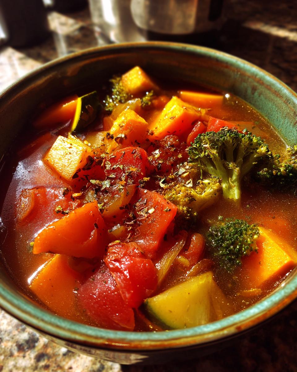 Close-up of a bowl filled with Roasted Winter Vegetable Soup, featuring colorful vegetables and herbs.