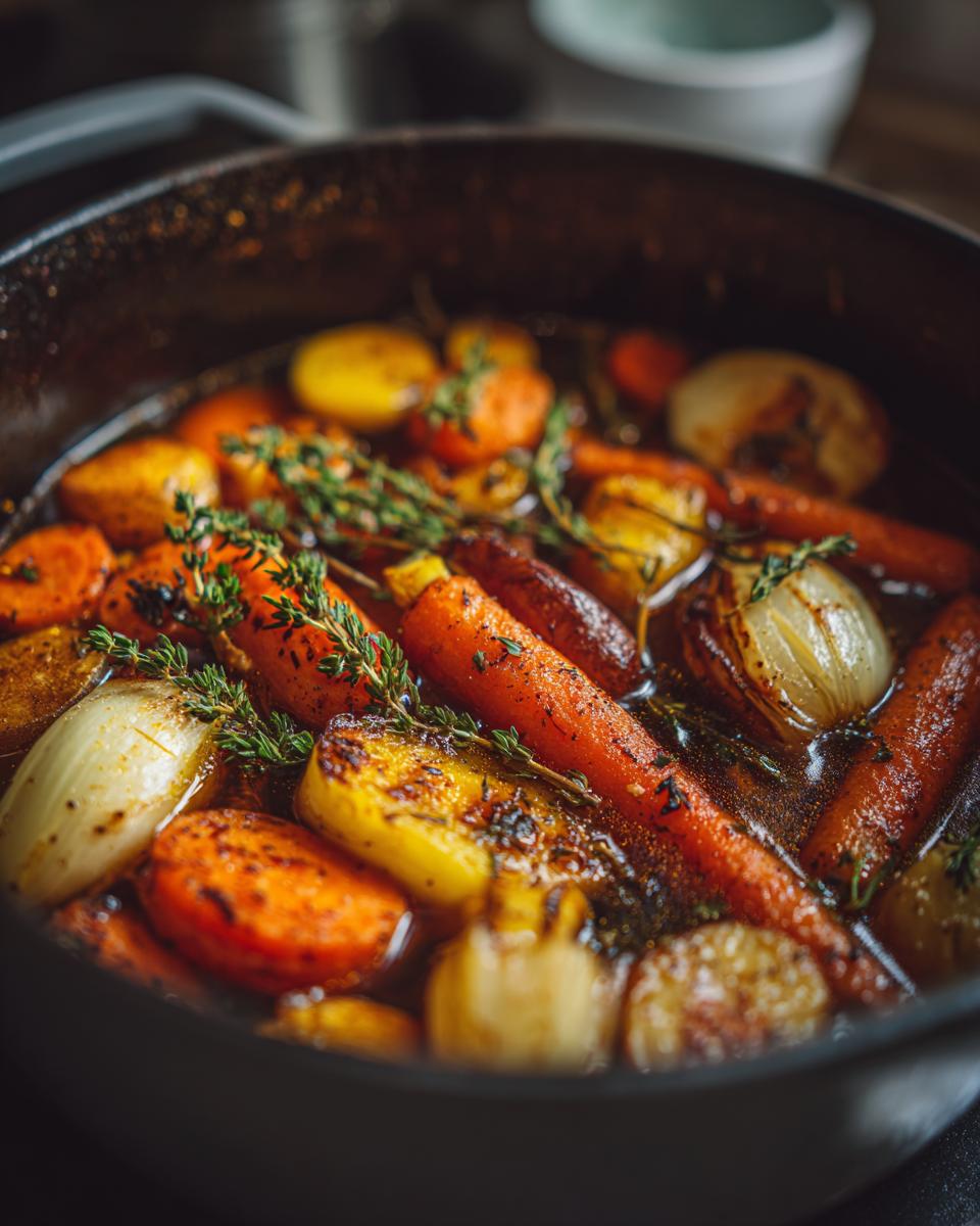 Close-up of roasted carrots, onions, and potatoes with thyme, ready for Roasted Winter Vegetable Soup.