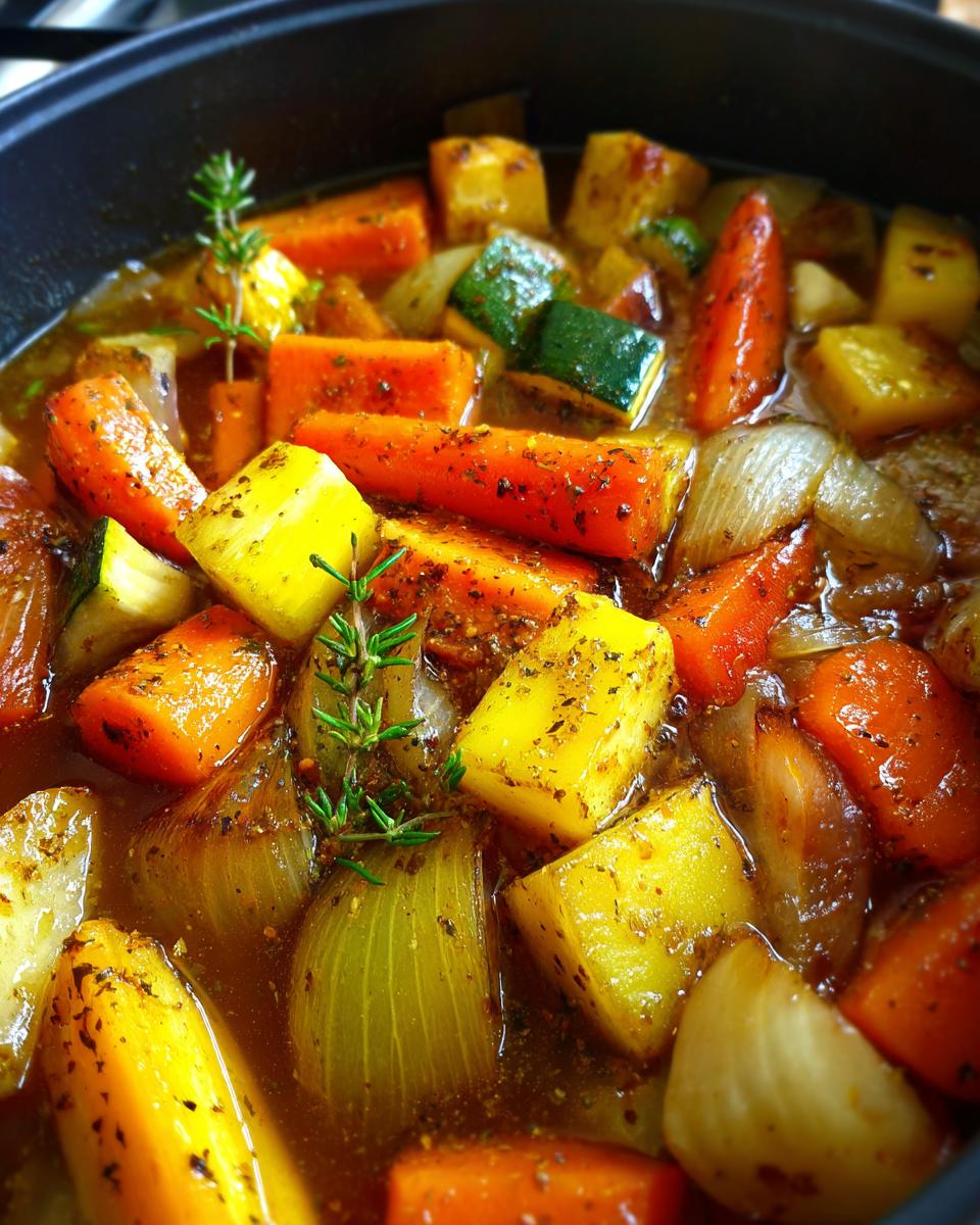 Close-up of ingredients for Roasted Winter Vegetable Soup, including carrots, potatoes, zucchini, and onions.