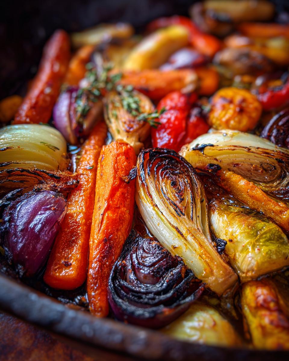 Close-up of roasted vegetables for Roasted Winter Vegetable Soup, including carrots, onions, and peppers.