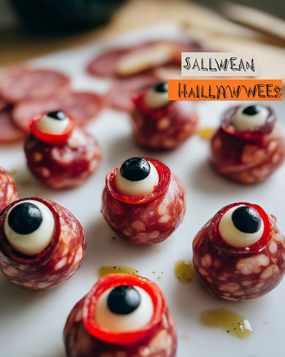 Close-up of Salami Mozzarella Eyeballs, a spooky Halloween recipe. Salami balls with mozzarella and olive 'pupils'.