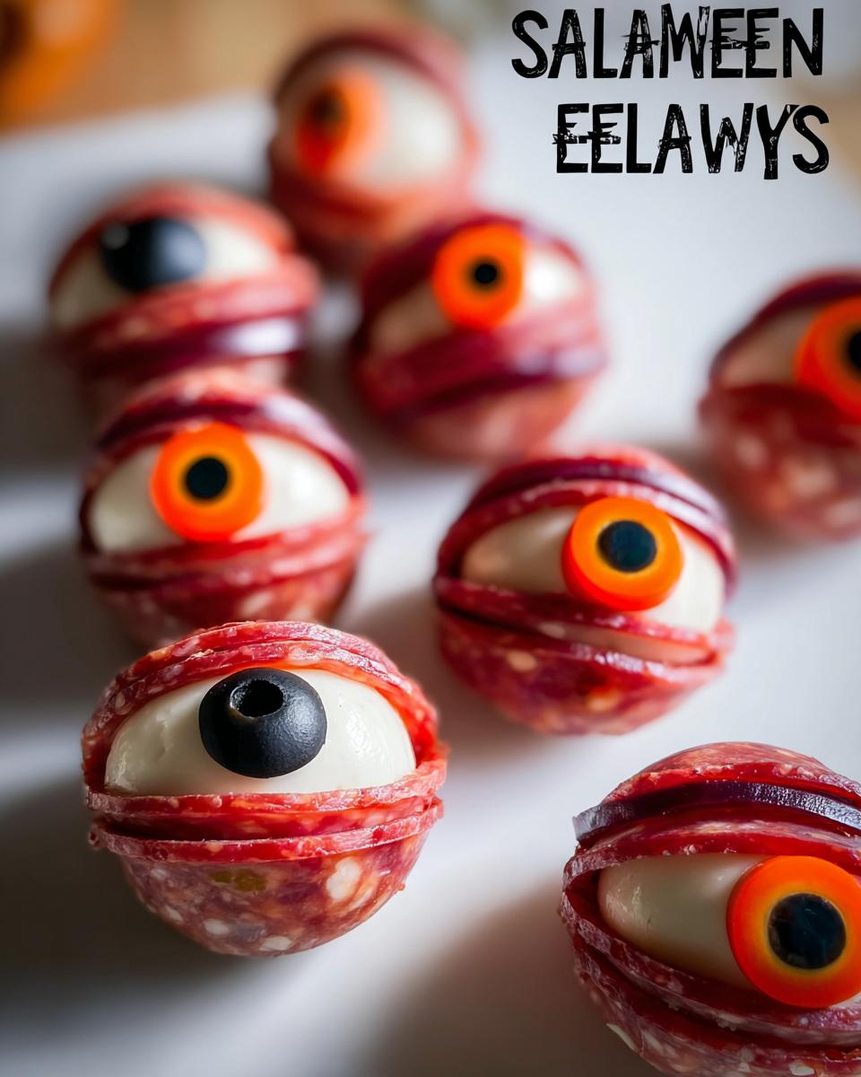 Close-up of Salami Mozzarella Eyeballs, a spooky Halloween recipe with salami, mozzarella, and olive or carrot 'pupils'.
