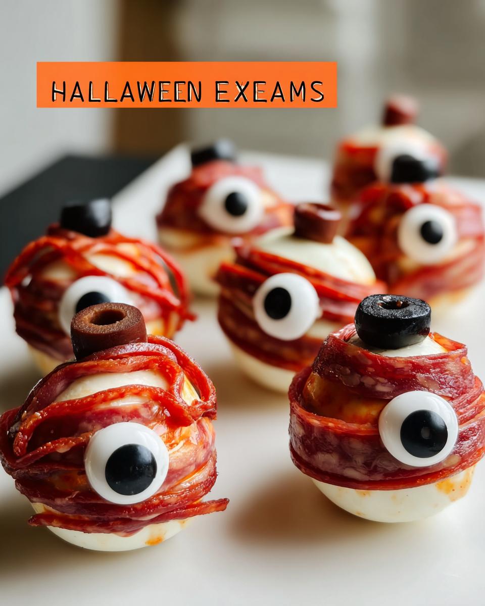 Close-up of Salami Mozzarella Eyeballs halloween Recipe, featuring salami-wrapped mozzarella with olive and candy eyeball.