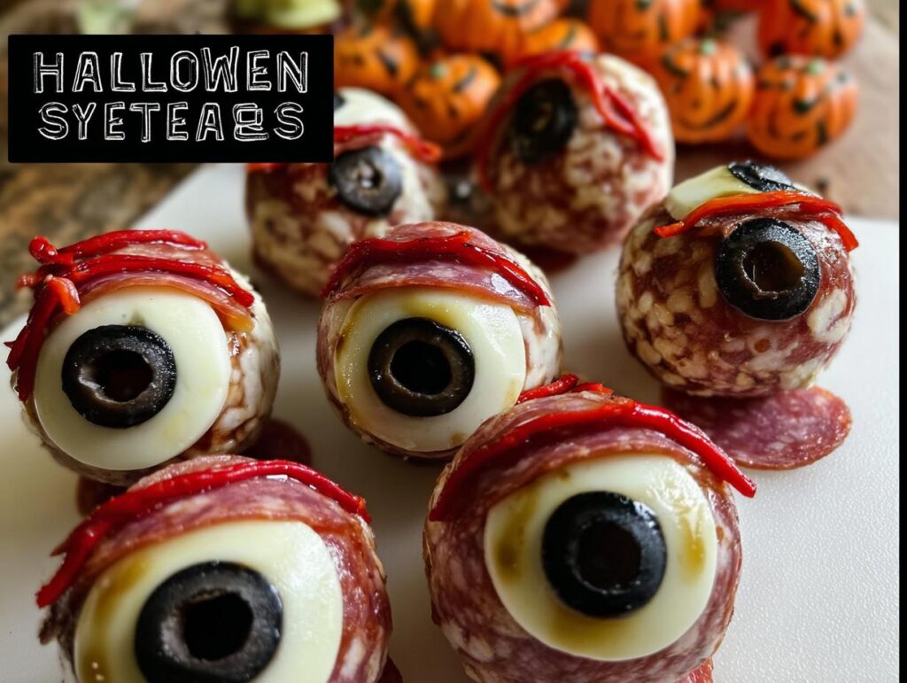 Spooky Salami Mozzarella Eyeballs Halloween Recipe, featuring salami-covered cheese balls with olive pupils.