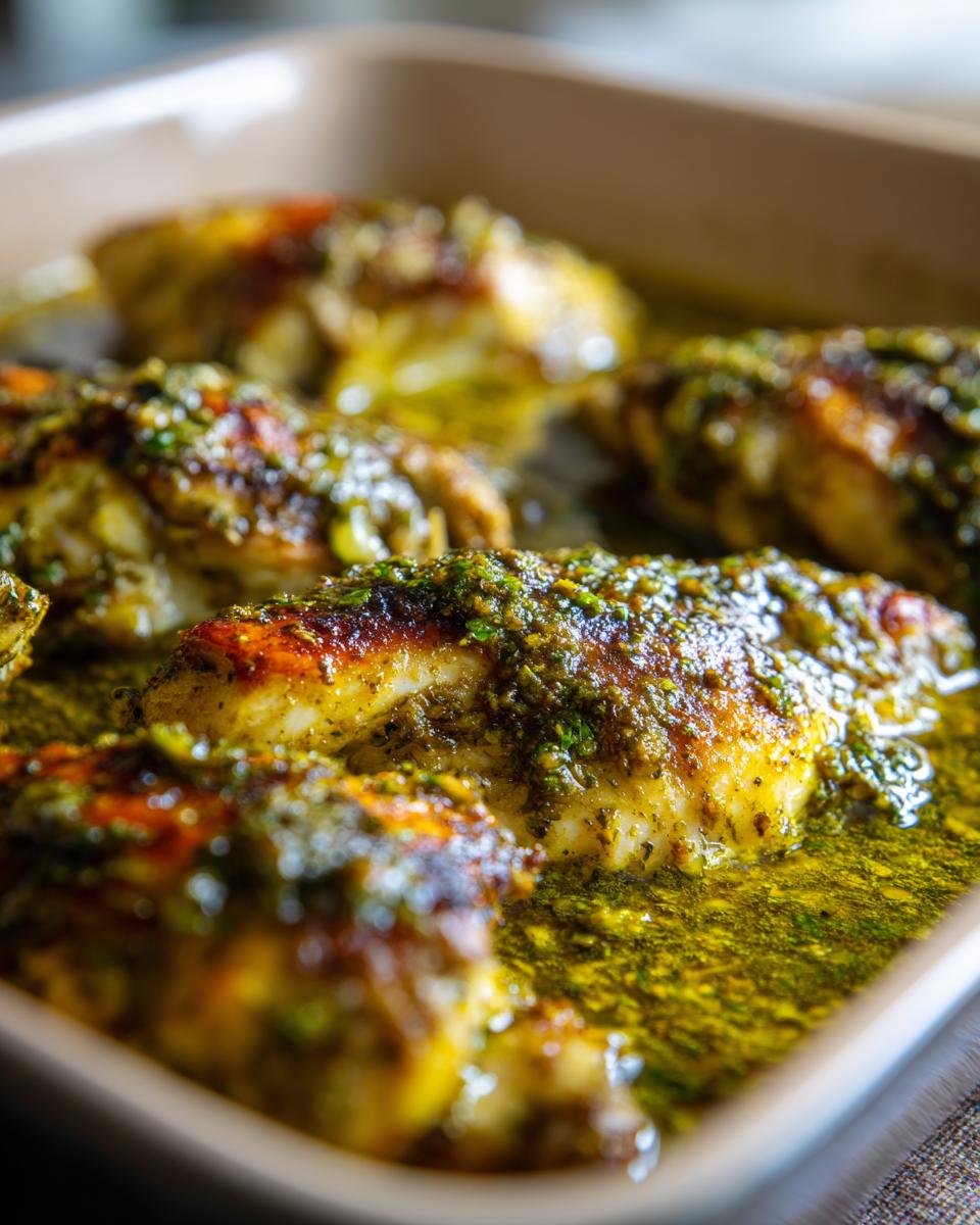 Close-up of baked Salsa Verde Chicken in a baking dish, coated in a vibrant green sauce.