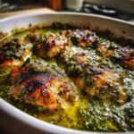 Close-up of Salsa Verde Chicken in a white baking dish, showcasing the vibrant green sauce and browned chicken.