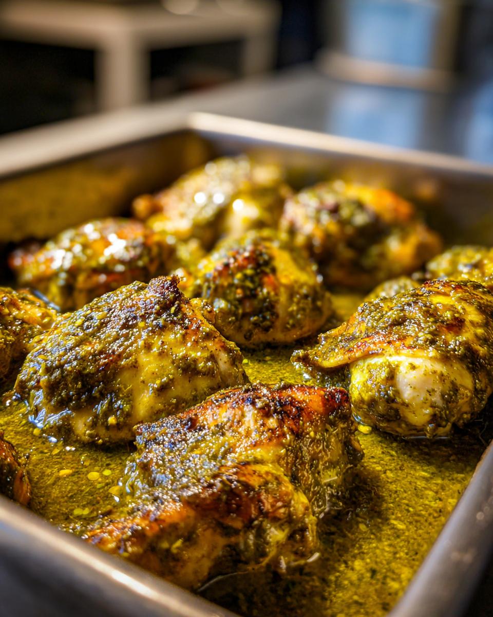 Close-up of Salsa Verde Chicken pieces in a baking pan, coated in a vibrant green sauce.