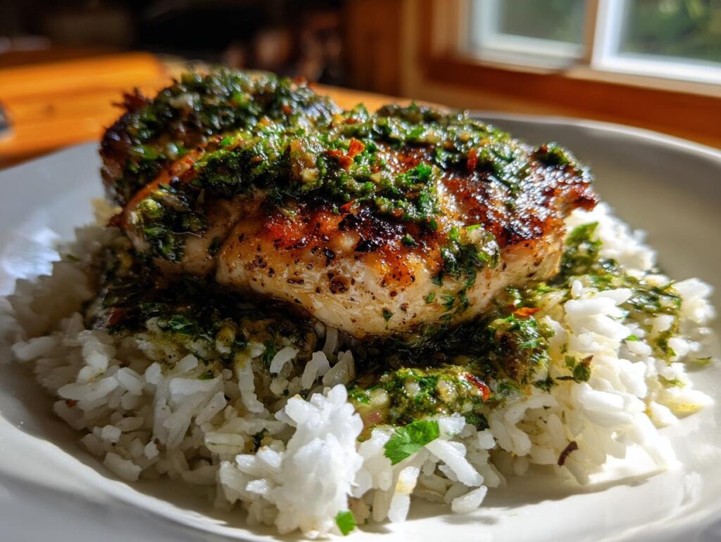A plate of Salsa Verde Chicken & Rice, featuring a chicken breast topped with salsa verde over a bed of white rice.