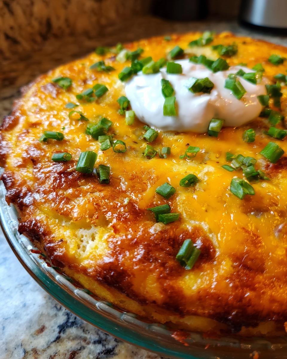 Close-up of a golden casserole topped with a dollop of cream and fresh green herbs.