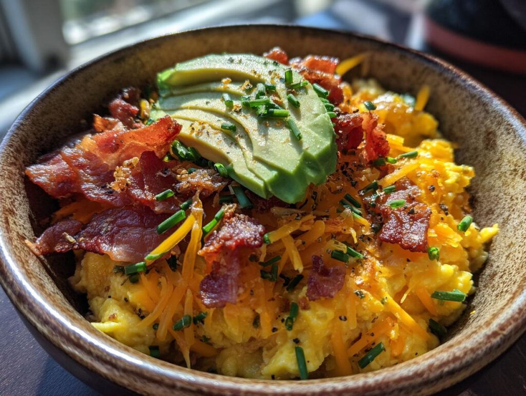 A delicious Savory Keto Breakfast Bowl with scrambled eggs, bacon, cheese, and avocado.