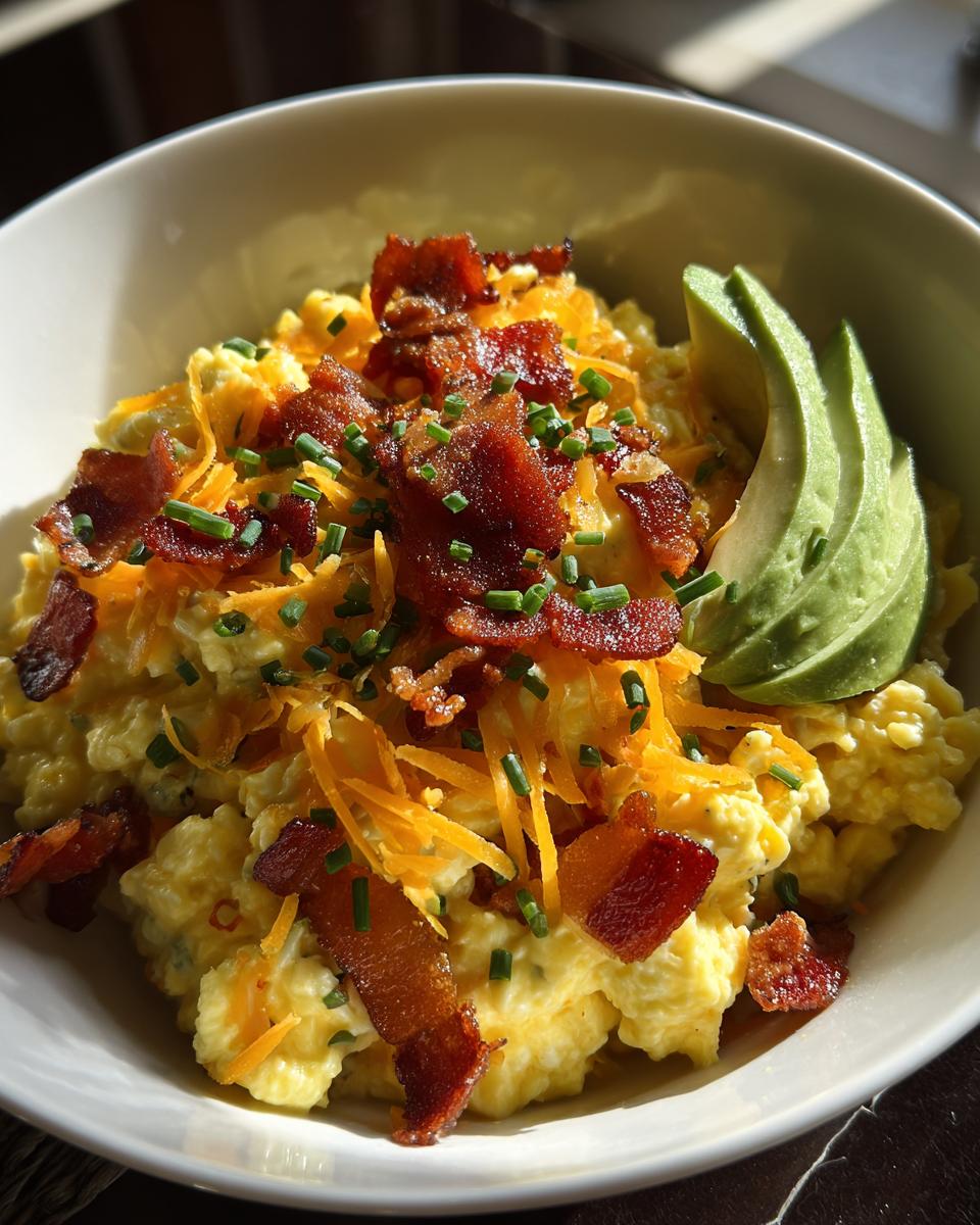 A delicious Savory Keto Breakfast Bowl with scrambled eggs, bacon, cheese, chives, and avocado slices.