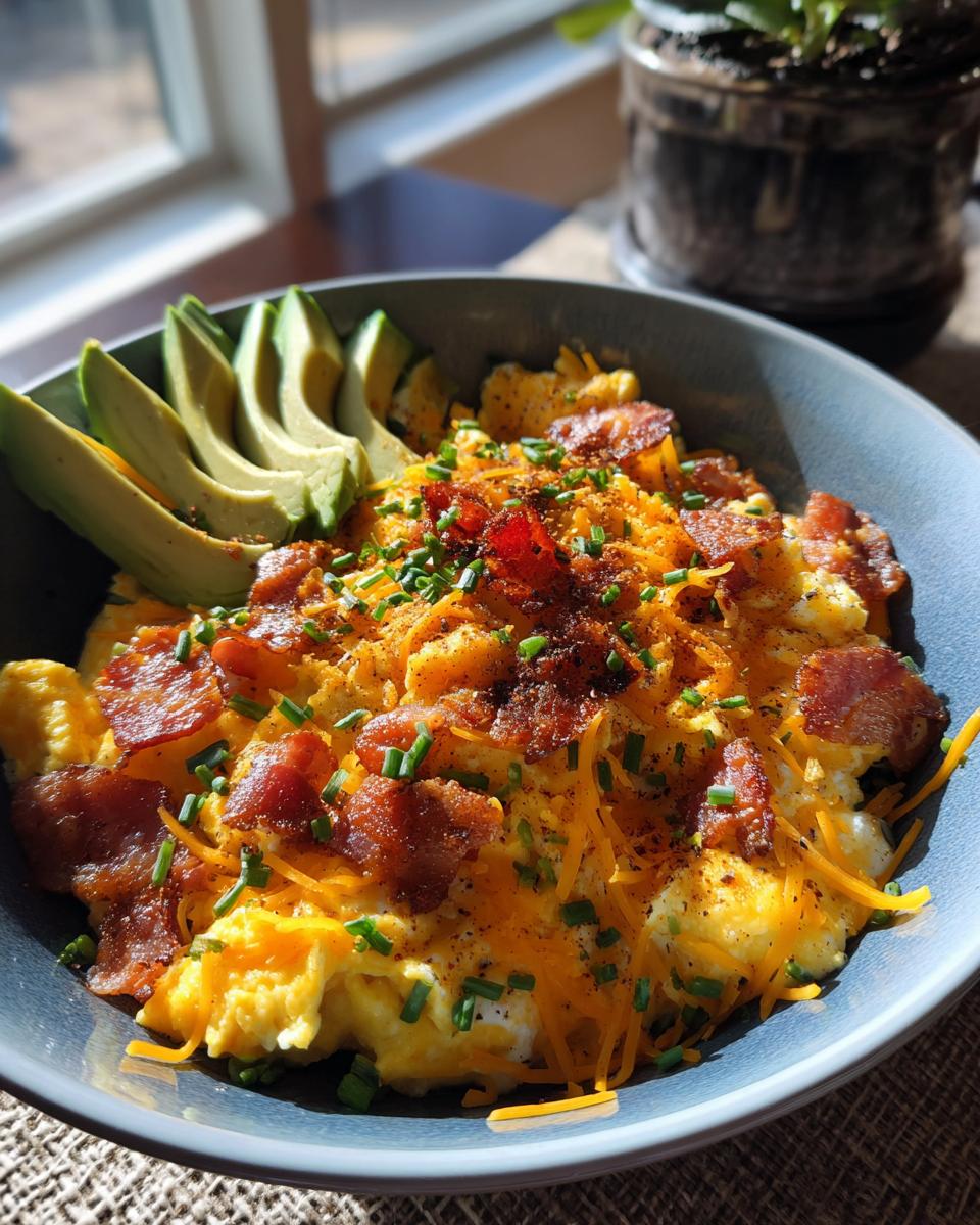 A delicious Savory Keto Breakfast Bowl with scrambled eggs, bacon, cheese, avocado, and chives.