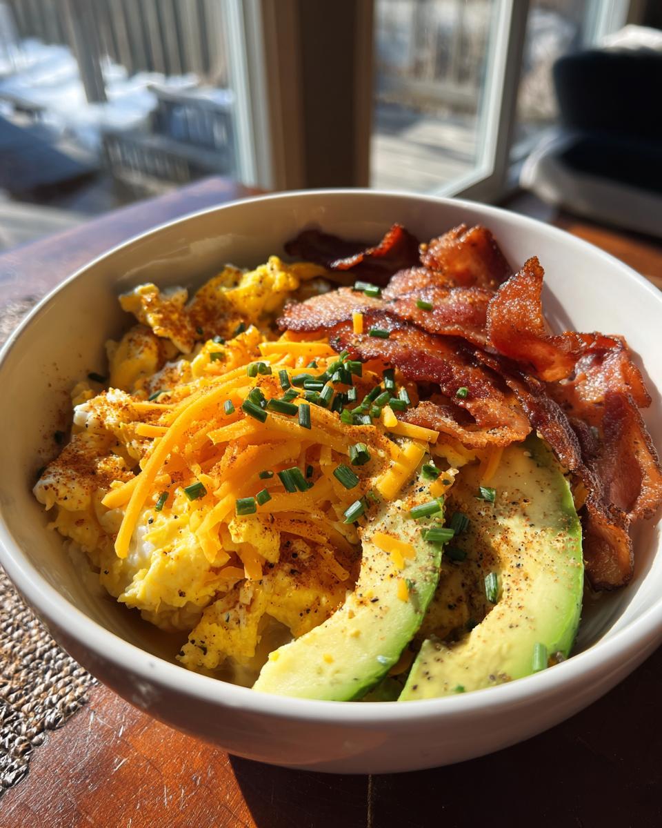 A vibrant Savory Keto Breakfast Bowl featuring scrambled eggs, crispy bacon, cheddar cheese, and fresh avocado slices.