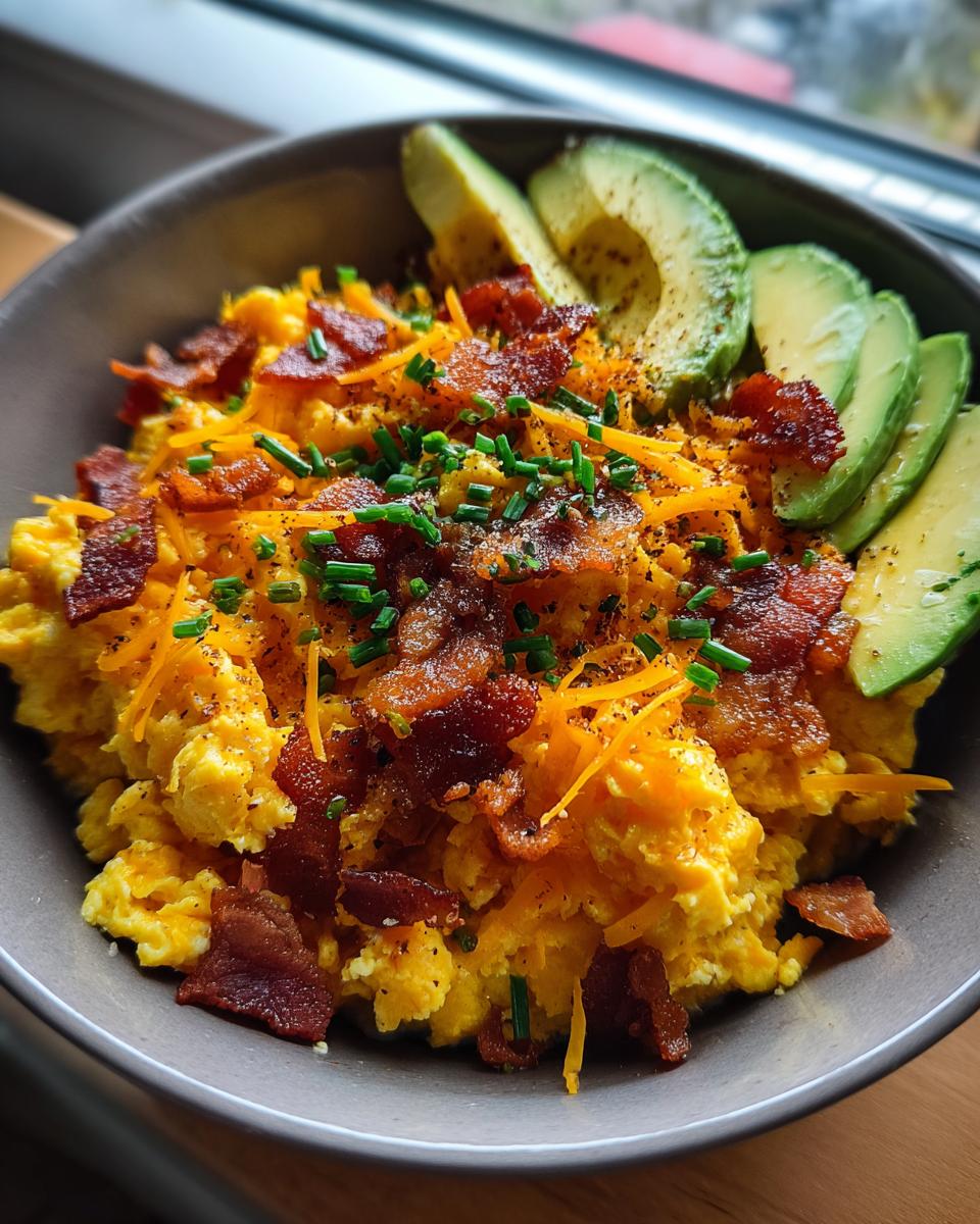A delicious Savory Keto Breakfast Bowl featuring scrambled eggs, bacon, cheese, and avocado slices.