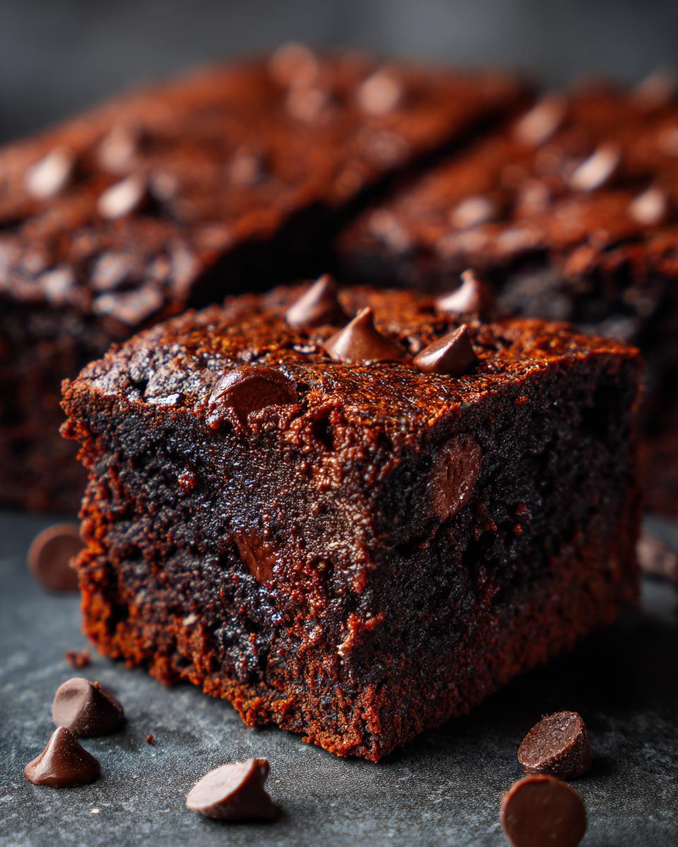 A close-up of Secretly Healthy Zucchini Brownies, topped with chocolate chips, showcasing its moist texture.