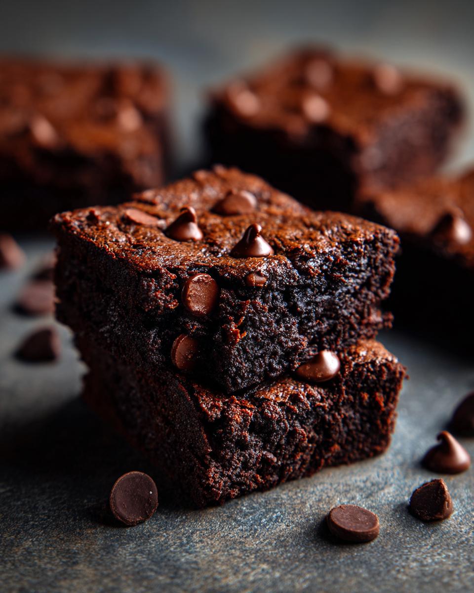 A stack of two Secretly Healthy Zucchini Brownies topped with chocolate chips, with more brownies in the background.