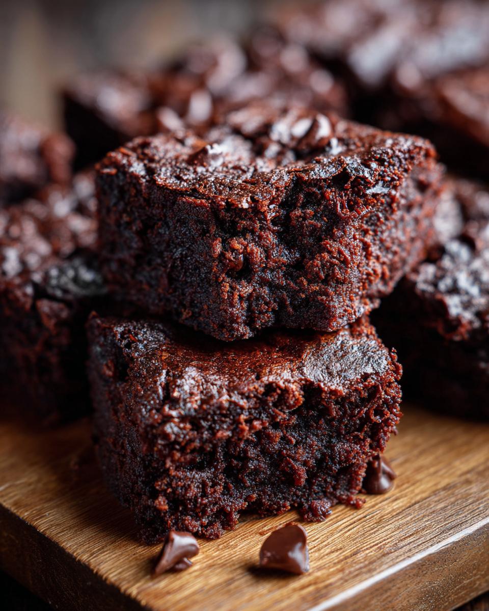 Close-up of stacked Secretly Healthy Zucchini Brownies on a wooden board, with chocolate chips.