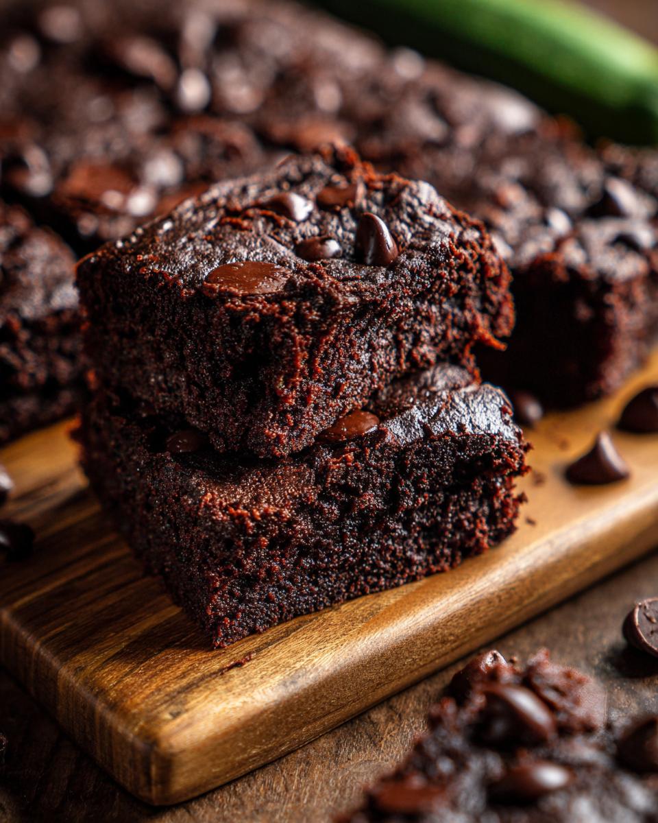 Two stacked Secretly Healthy Zucchini Brownies topped with chocolate chips on a wooden board.