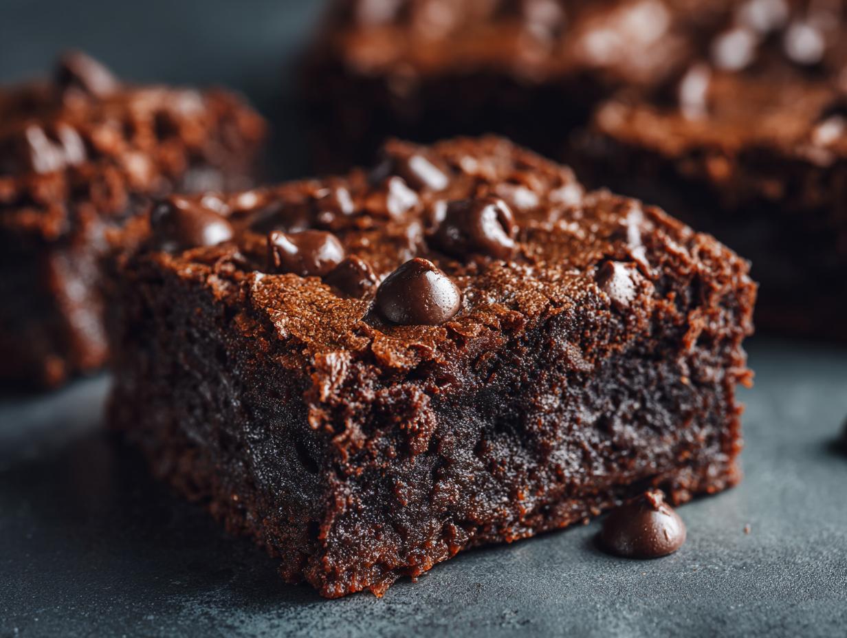 Close-up of a fudgy Secretly Healthy Zucchini Brownie topped with chocolate chips.