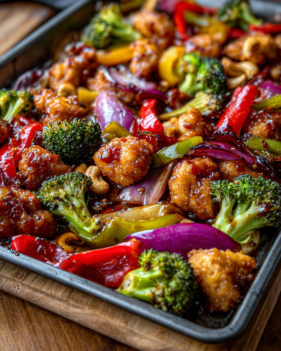 A sheet pan filled with Sheet Pan Cashew Chicken, broccoli, peppers, onions, and cashews.
