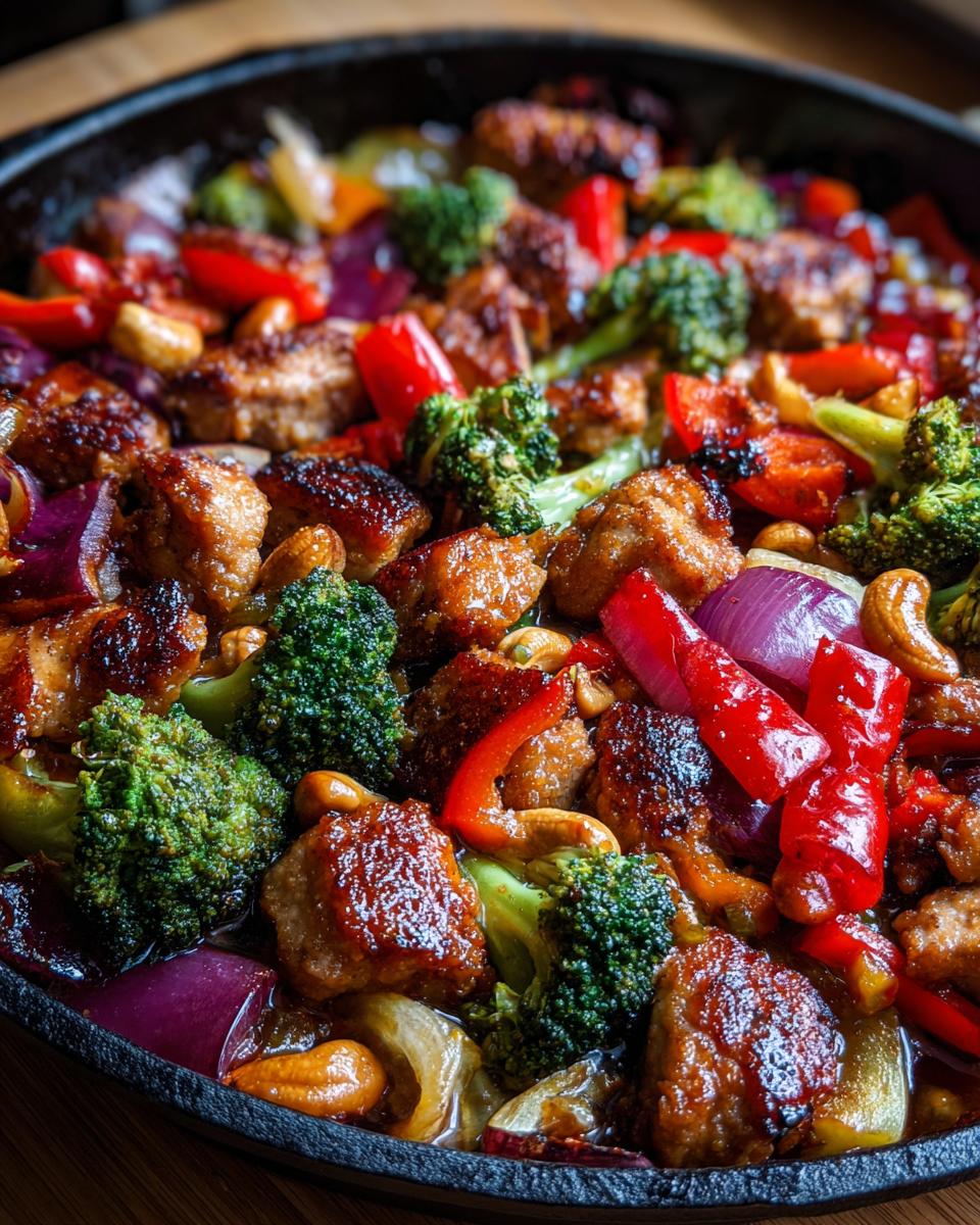 Close-up of Sheet Pan Cashew Chicken with broccoli, red peppers, and red onions.