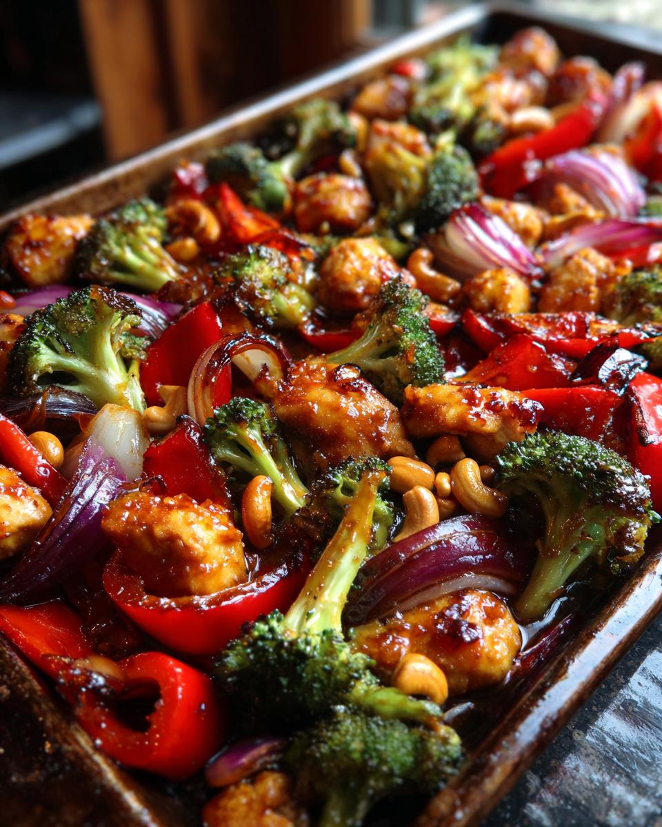Overhead view of Sheet Pan Cashew Chicken with broccoli, red peppers, and red onion.