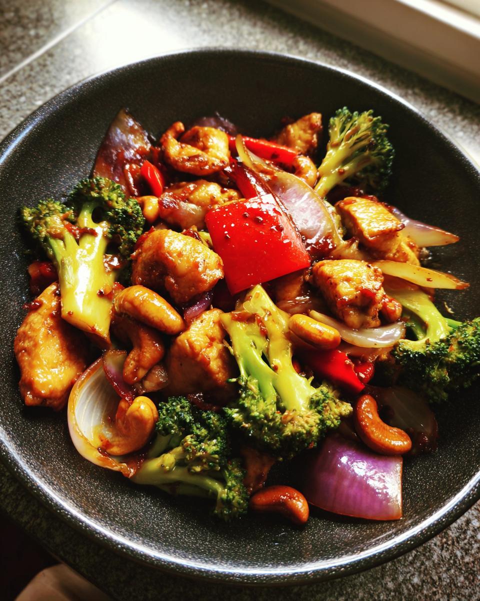 A bowl of Sheet Pan Cashew Chicken featuring chicken, cashews, broccoli, red pepper, and red onion.