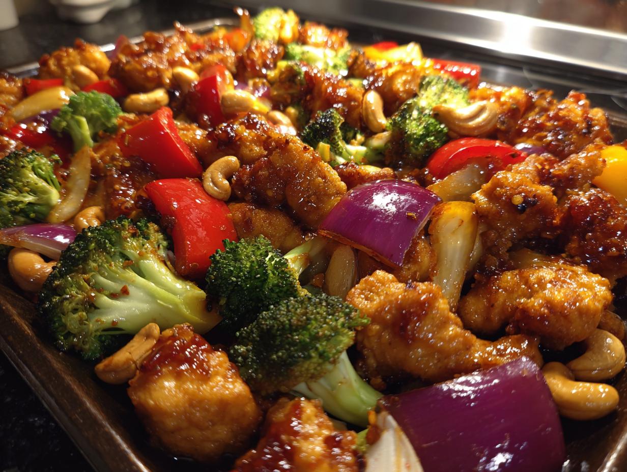 Close-up of Sheet Pan Cashew Chicken with broccoli, red peppers, red onions, and cashews.