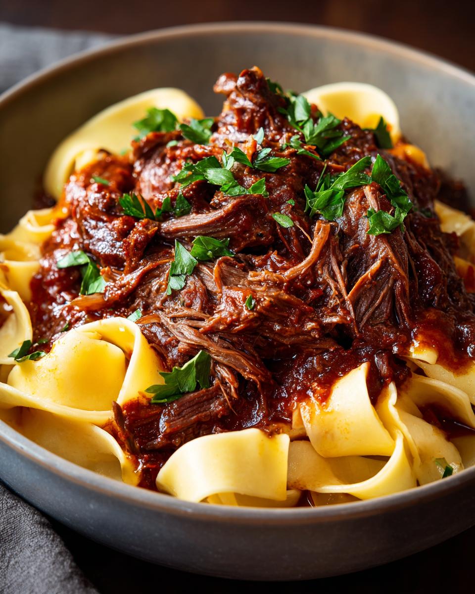 Bowl of Short Rib Ragu with Pappardelle, garnished with fresh parsley. Rich, flavorful comfort food.