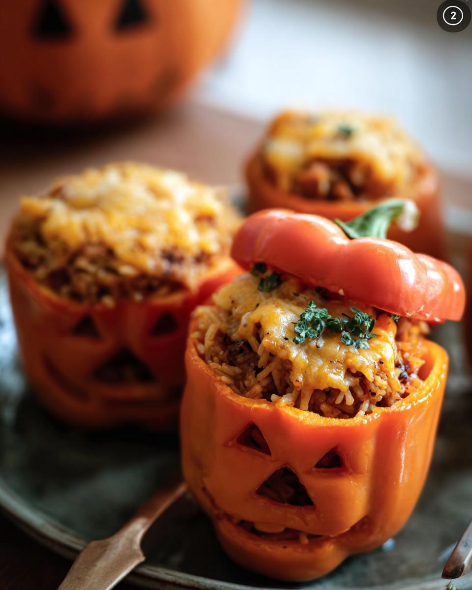 Festive SHREDDED CHICKEN RICE STUFFED PEPPERS HALLOWEEN. Orange bell peppers carved with jack-o'-lantern faces, filled with chicken and rice.