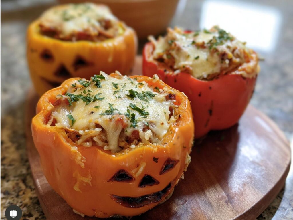 Festive SHREDDED CHICKEN RICE STUFFED PEPPERS HALLOWEEN. Jack-o'-lantern carved peppers filled with chicken, rice, and cheese.