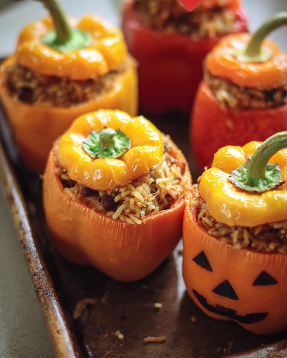 Festive SHREDDED CHICKEN RICE STUFFED PEPPERS HALLOWEEN. Orange peppers are carved with jack-o'-lantern faces.