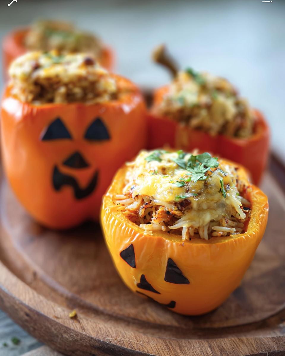 Festive SHREDDED CHICKEN RICE STUFFED PEPPERS HALLOWEEN, carved as jack-o'-lanterns, filled with a cheesy rice and chicken mixture.