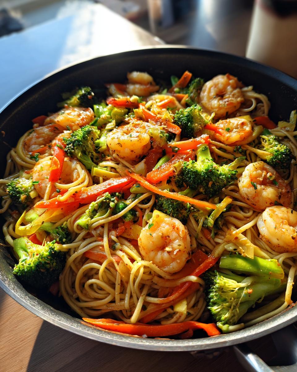 A pan filled with Shrimp Stir with Noodles, featuring shrimp, broccoli, and sliced carrots.