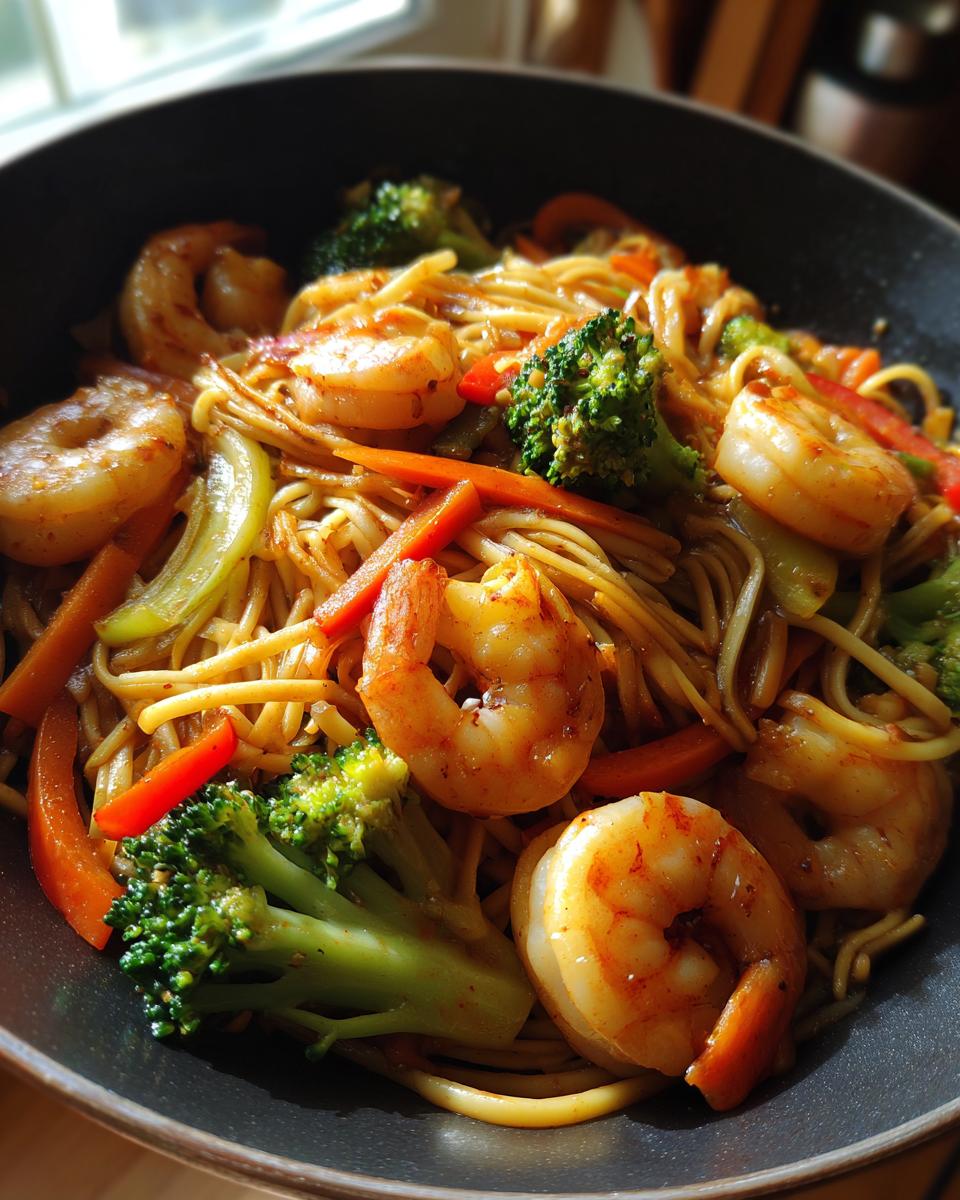 Close-up of Shrimp Stir with Noodles featuring shrimp, broccoli, carrots, and peppers in a dark wok.