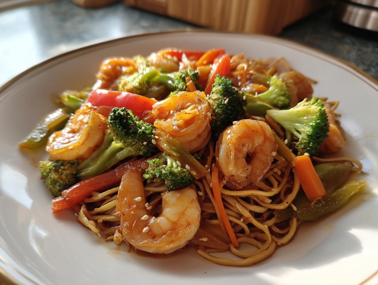 A plate of Shrimp Stir with Noodles, featuring shrimp, broccoli, carrots, and peppers.