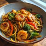 Bowl of Shrimp Stir with Noodles, featuring shrimp, noodles, broccoli, and red peppers, sprinkled with sesame seeds.