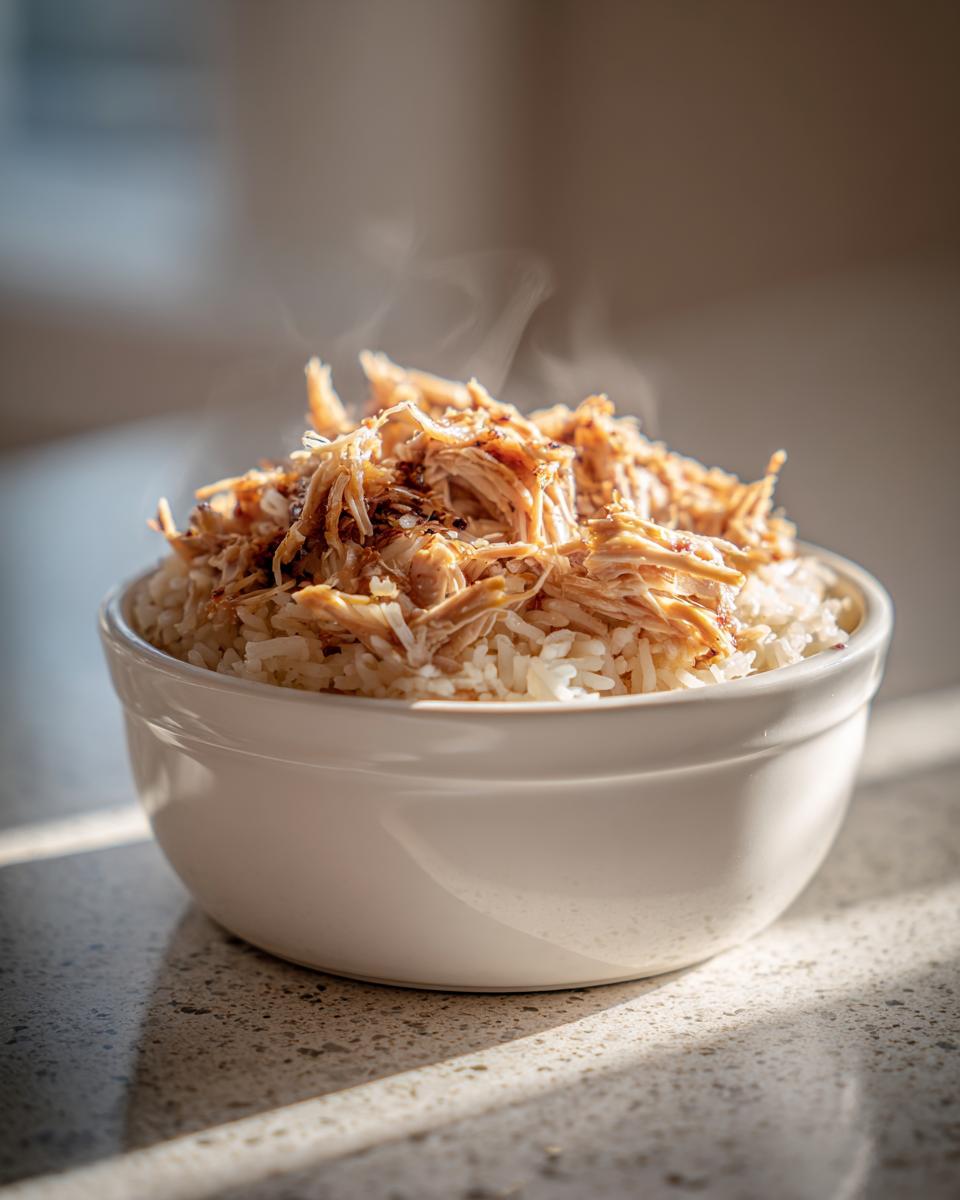 A steaming bowl of Slow Cooker Chicken and Rice, featuring shredded chicken over a bed of fluffy rice.