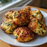 A plate of golden-brown Spinach Cottage Cheese Flagels, showcasing the spinach and cheesy texture.