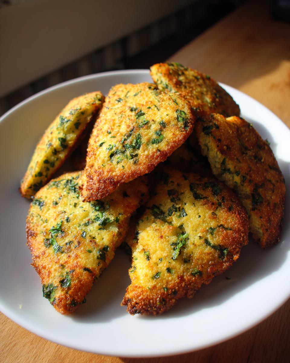 A plate of golden Spinach Cottage Cheese Flagels, showcasing their crispy texture and green flecks of spinach.