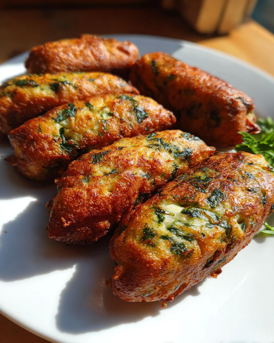 Close-up of Spinach Cottage Cheese Flagels, golden brown and served on a white plate with fresh herbs.