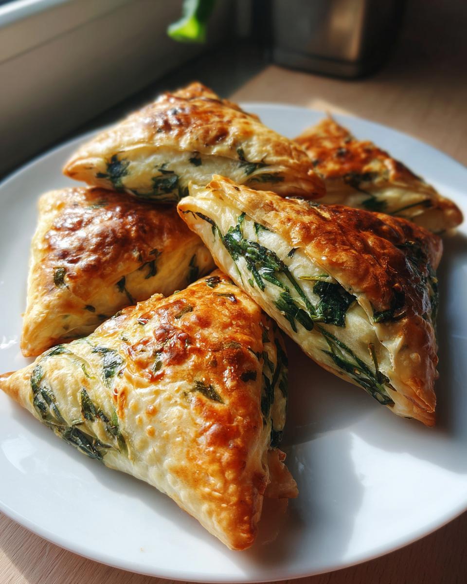 Golden brown Spinach Cottage Cheese Flagels arranged on a white plate, showcasing the flaky pastry and spinach filling.