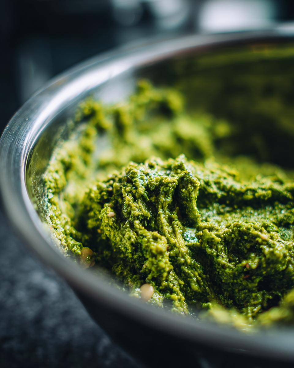 Close-up of vibrant green Spinach Pesto Butter Bean in a stainless steel bowl, ready to be served.