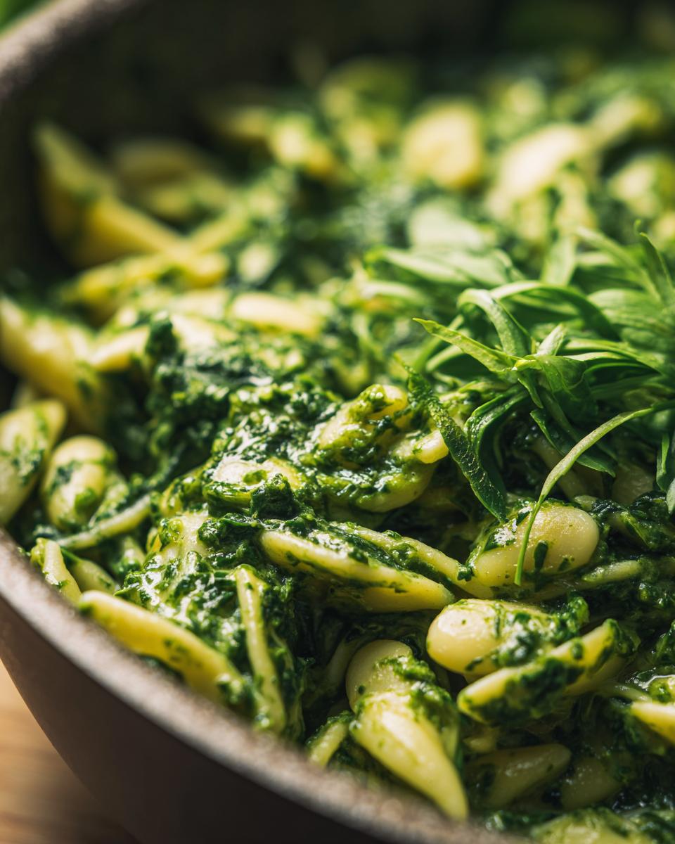 Close-up of Spinach Pesto Butter Bean pasta dish with fresh herbs.