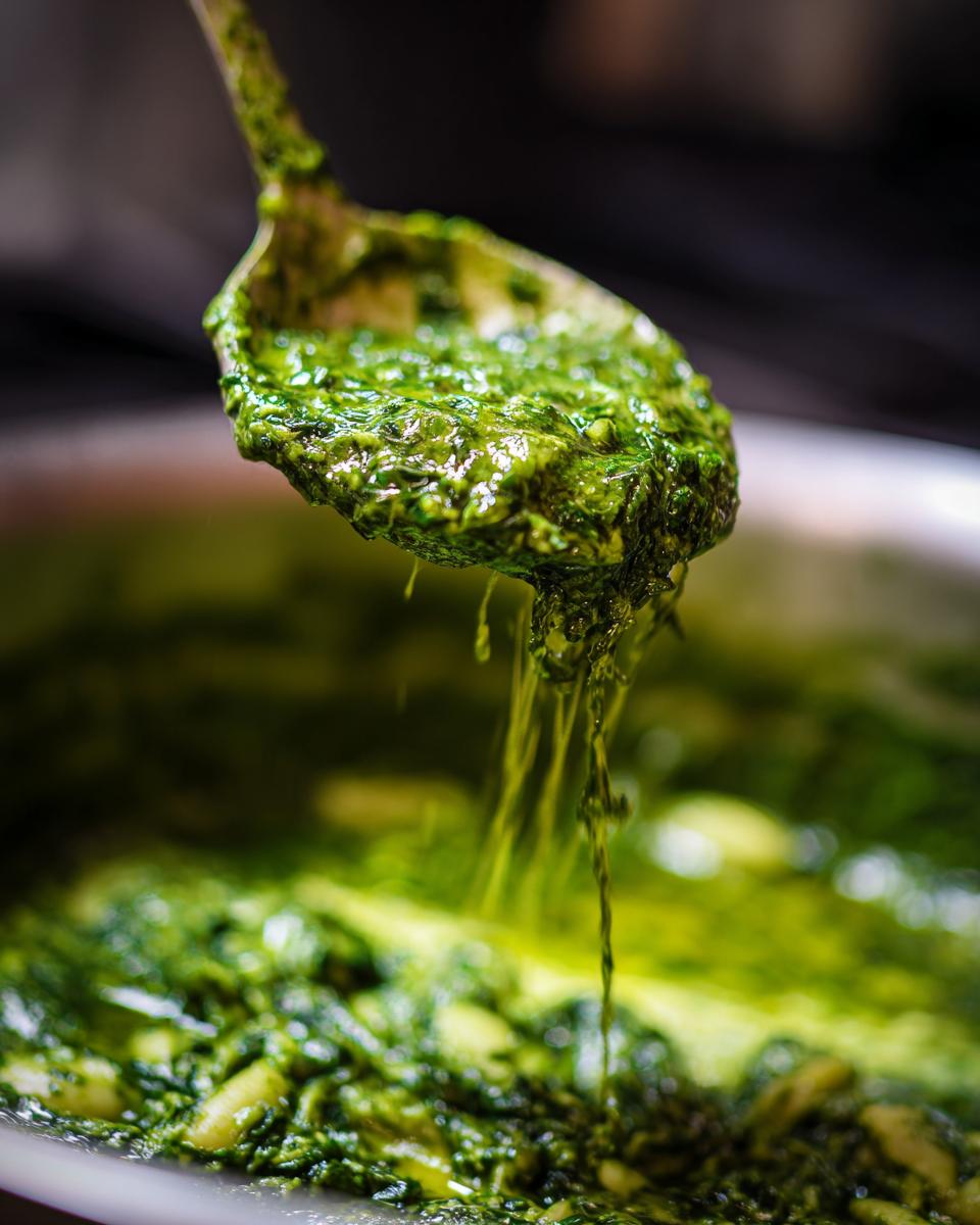 A spoonful of vibrant Spinach Pesto Butter Bean mix being scooped, dripping sauce.